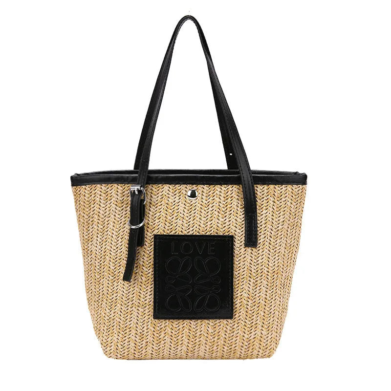 Women's straw woven shoulder bag in European retro style with sewn detailing and three-dimensional pockets