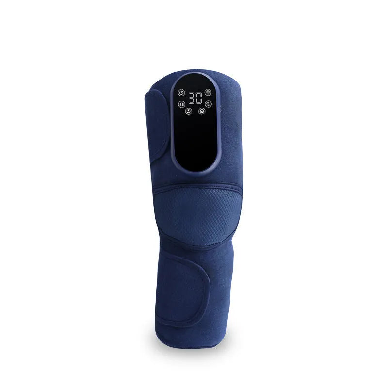 Blue self-heating knee massager showing airbag and control panel for vibration, heat, and compression functions.
