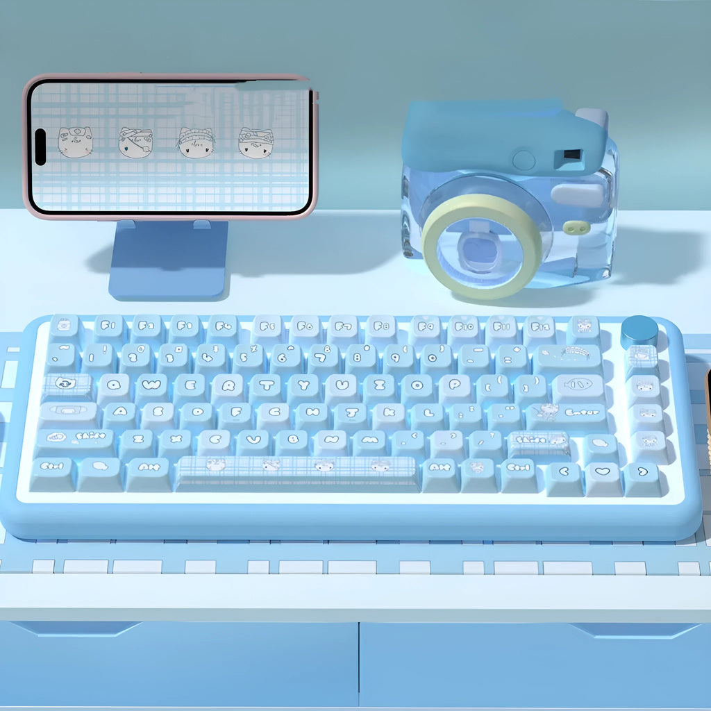 Custom watercolour kitten design keycap set for mechanical keyboards with opaque legends in boxed packaging
