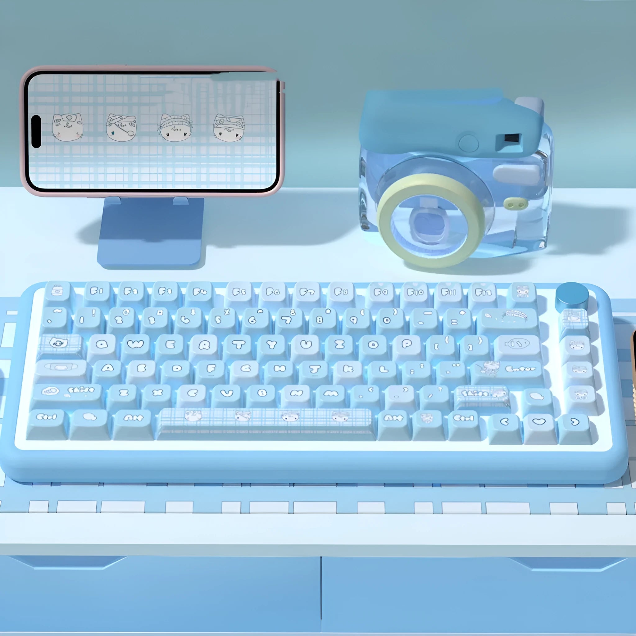 Custom watercolour kitten design keycap set for mechanical keyboards with opaque legends in boxed packaging