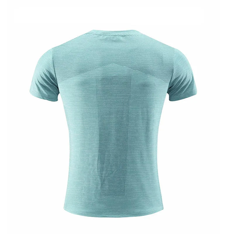 Men's short-sleeved athletic t-shirt for basketball and running in polyester spandex fabric.