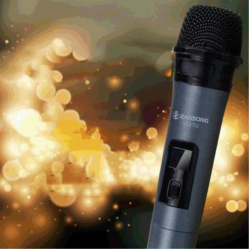 Black ZanSong V12 handheld dynamic microphone with USB receiver, audio cable, and adapter.