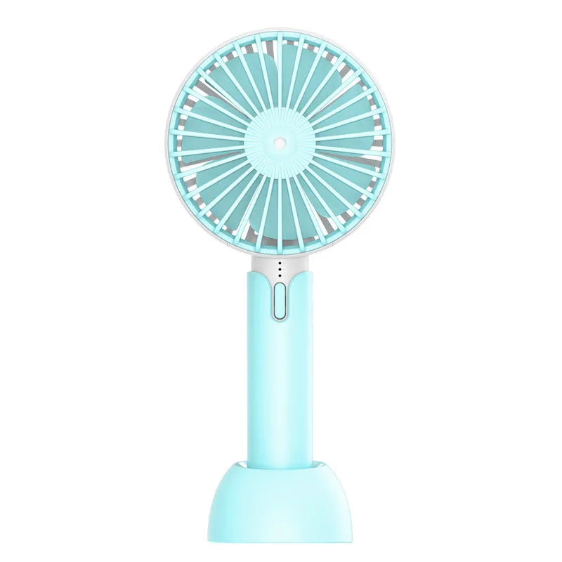 Blue portable USB handheld fan with three-speed control on desktop