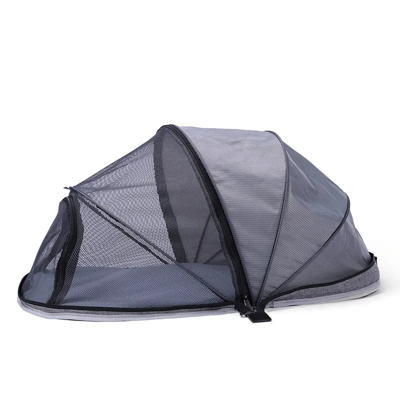 Foldable cloth cat tent with half mesh panels in black or blue colour