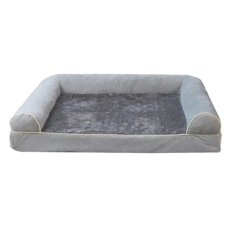 A square cloth-covered dog bed with sponge filling, shown in a blue colour.
