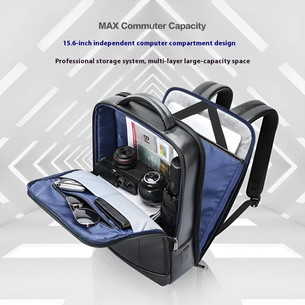 Black cowhide leather business backpack with USB port and curved shoulder straps