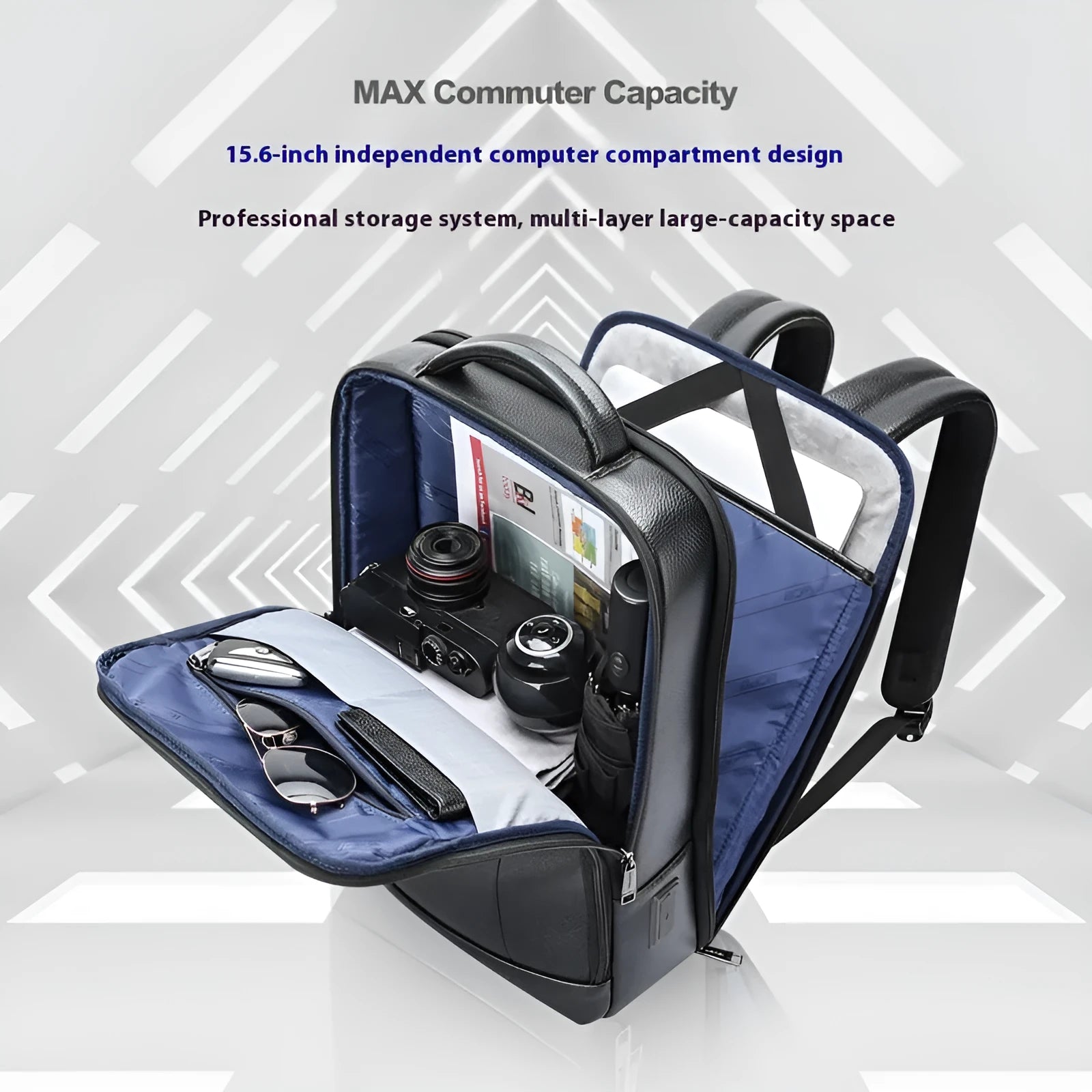 Black cowhide leather business backpack with USB port and curved shoulder straps