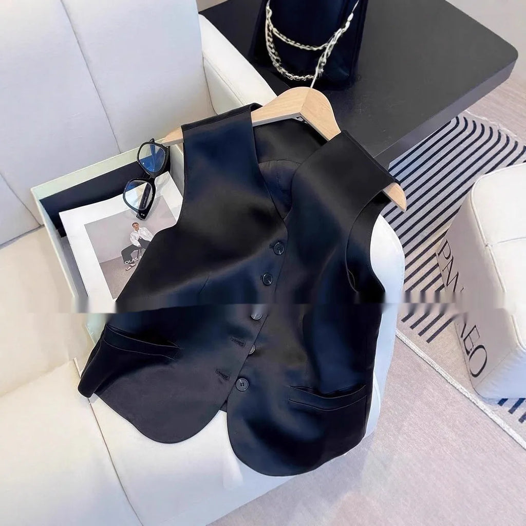 Black satin ladies sleeveless vest with loose fit and splicing detail