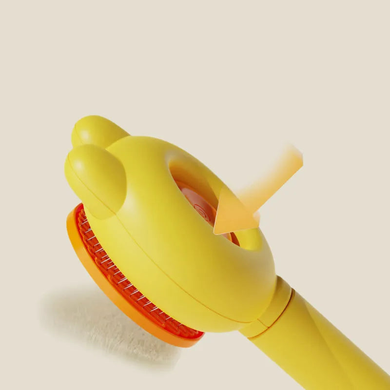 Green self-cleaning pet grooming brush with stainless steel comb and a release button on the handle.