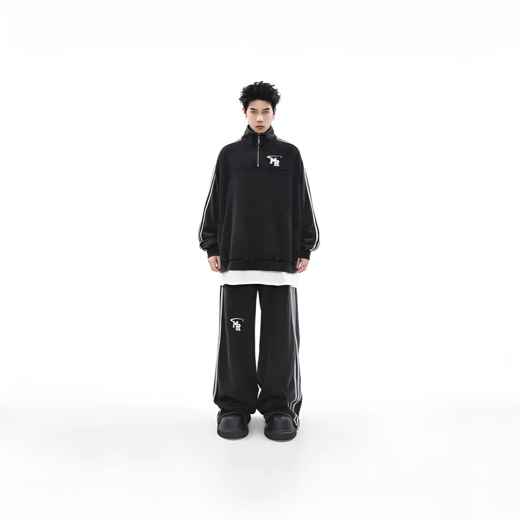 Black retro style polyester hooded sweater jacket with long sleeves on hanger