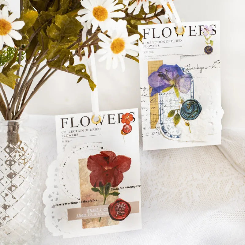 Dried flowers journal decoration stickers in eight colour themes including Dark Night Purple and rose nebula