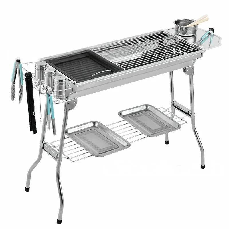 Stainless steel portable charcoal barbecue oven with turnover design and cooking accessories
