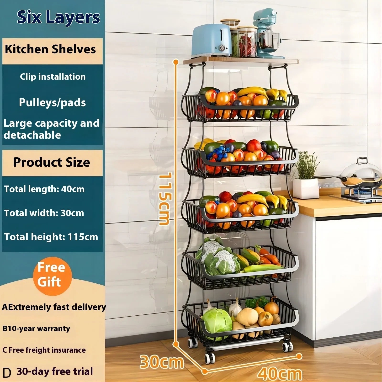 Black six layer kitchen shelf floor trolley with carbon steel construction and foldable design