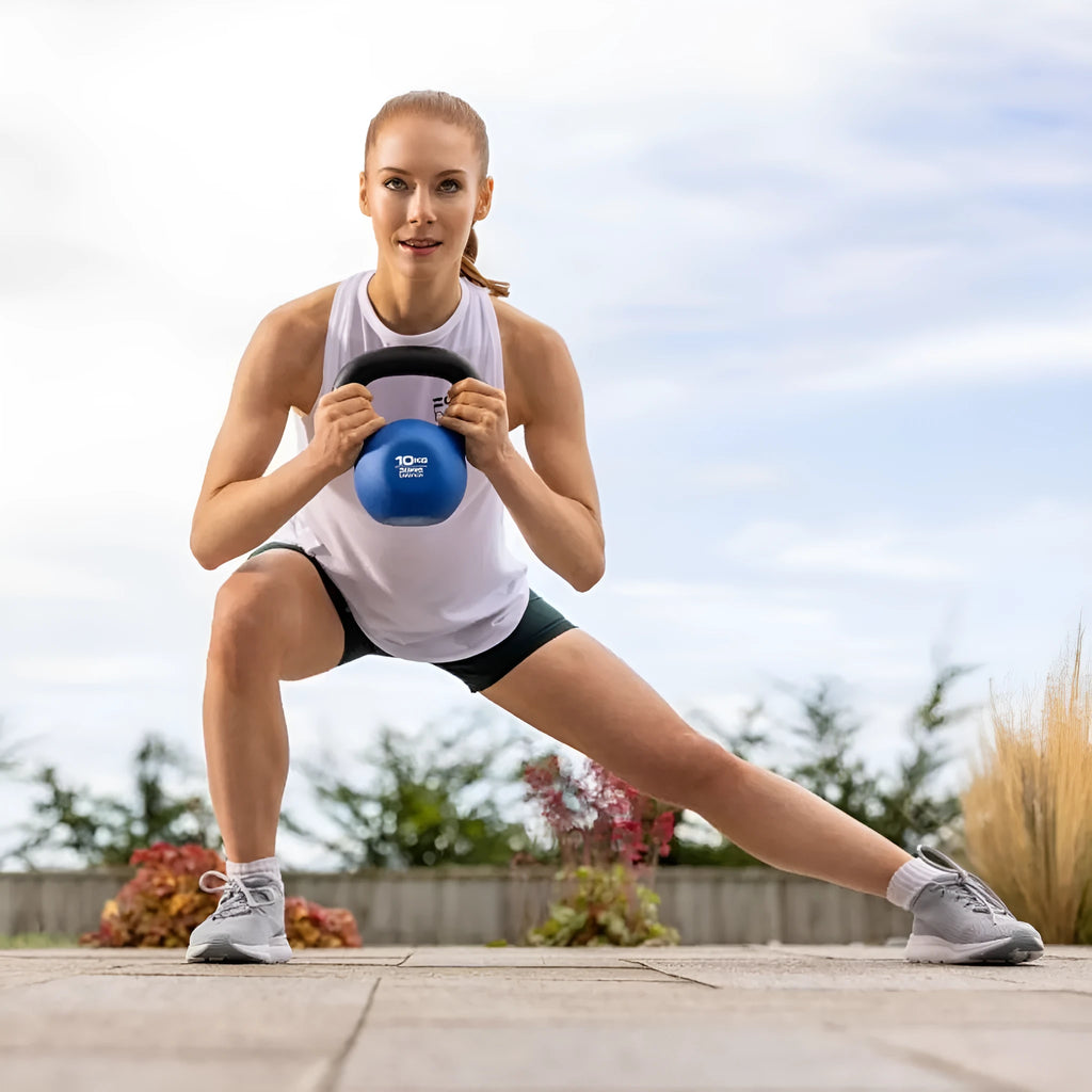 Blue cast iron teapot-shaped dumbbell weighing 10kg for home gym strength training