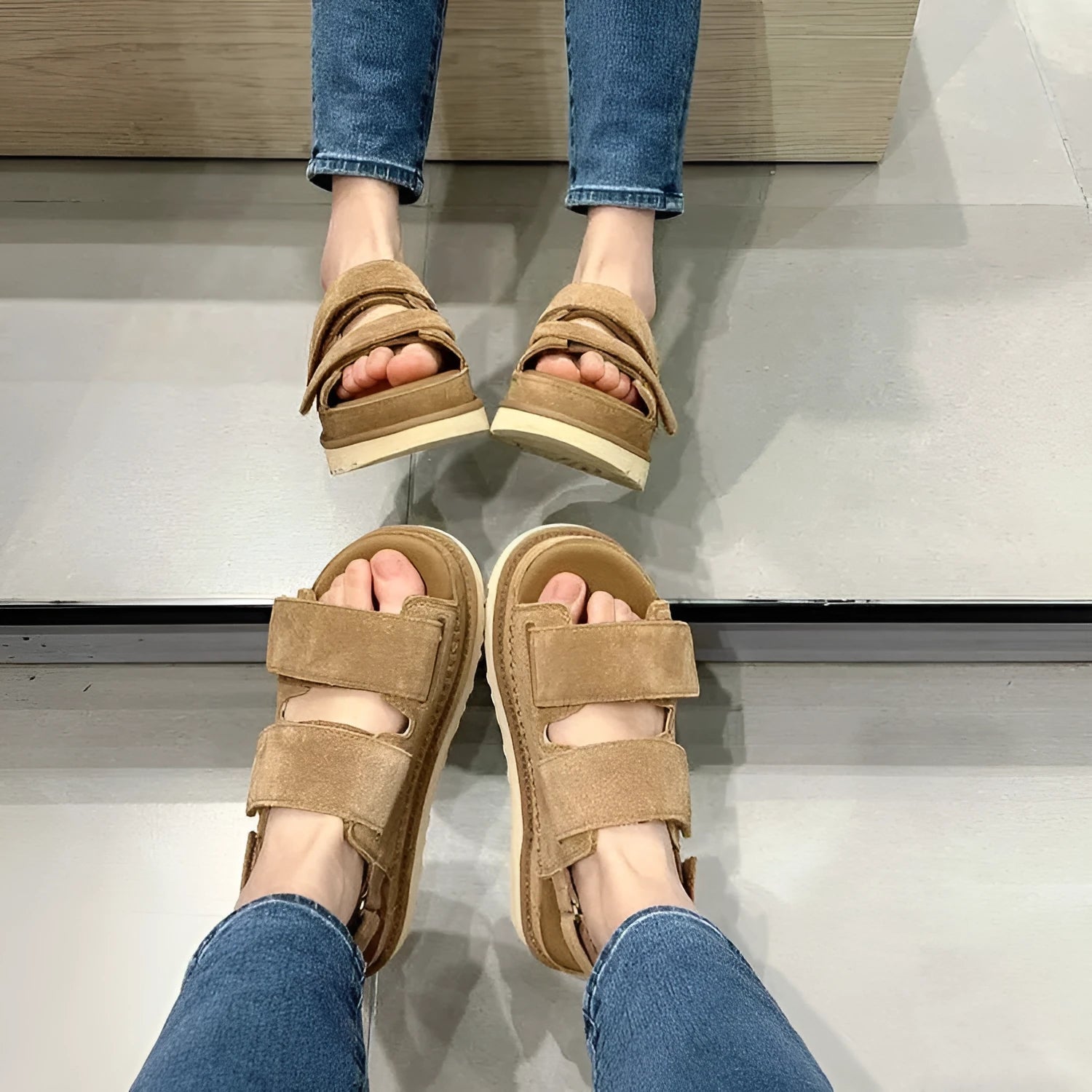 Women's maroon plus size peep toe sandals with a suede upper, platform sole, and Velcro strap.