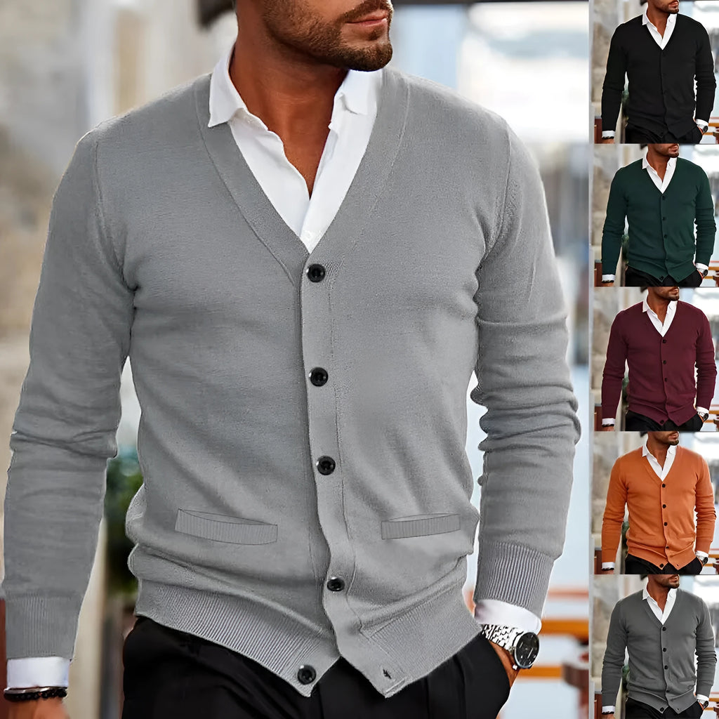 Men's slim fit acrylic cardigan in wine red colour showing front button detailing and long sleeves
