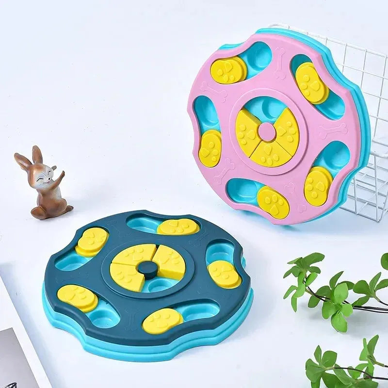 Blue and pink dog puzzle toy feeding bowl for aggressive chewers with treat compartments