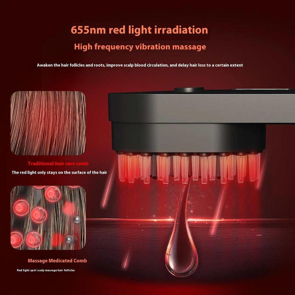Pink and black smart massage comb with red light for scalp care, shown actual size under 10cm.