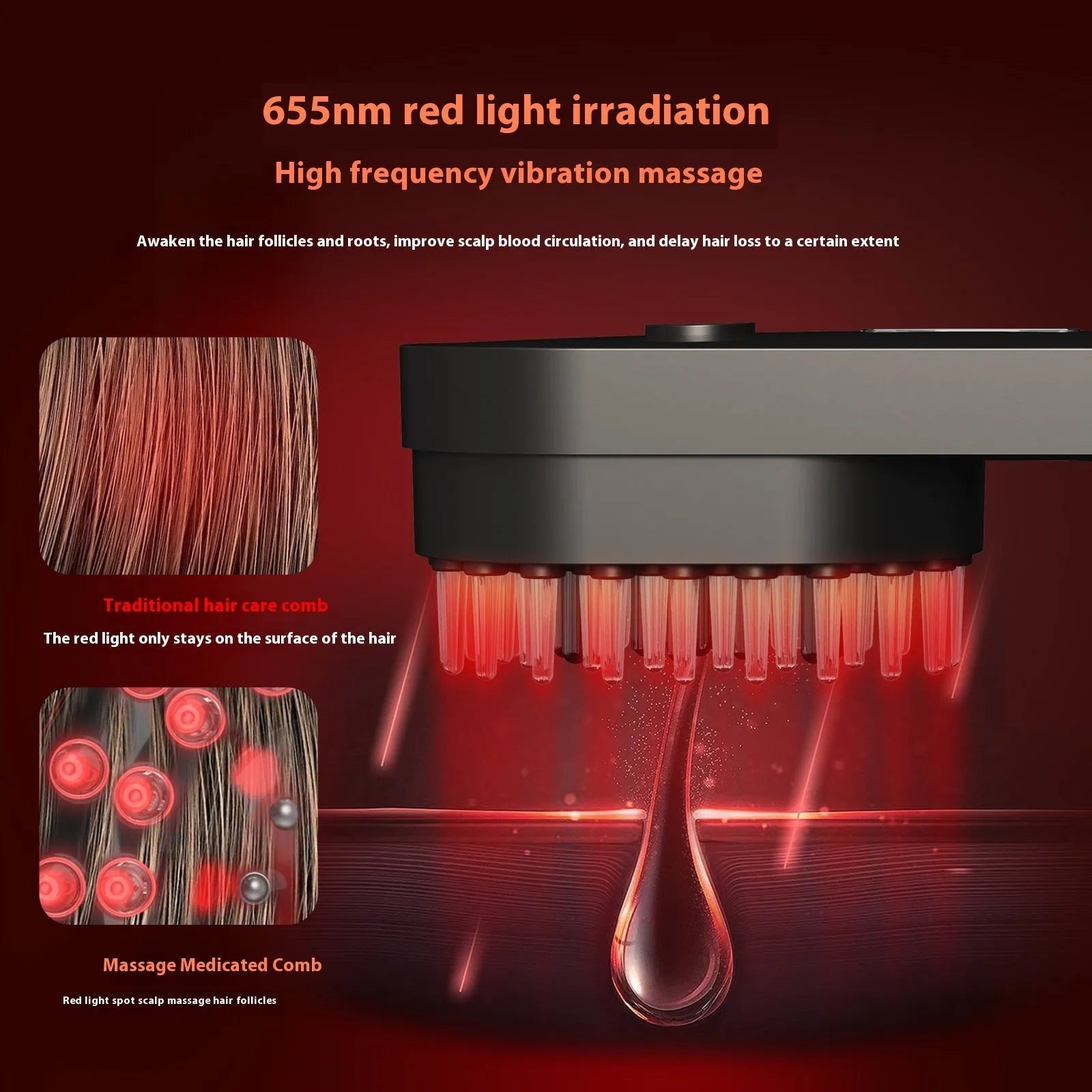 Pink and black smart massage comb with red light for scalp care, shown actual size under 10cm.