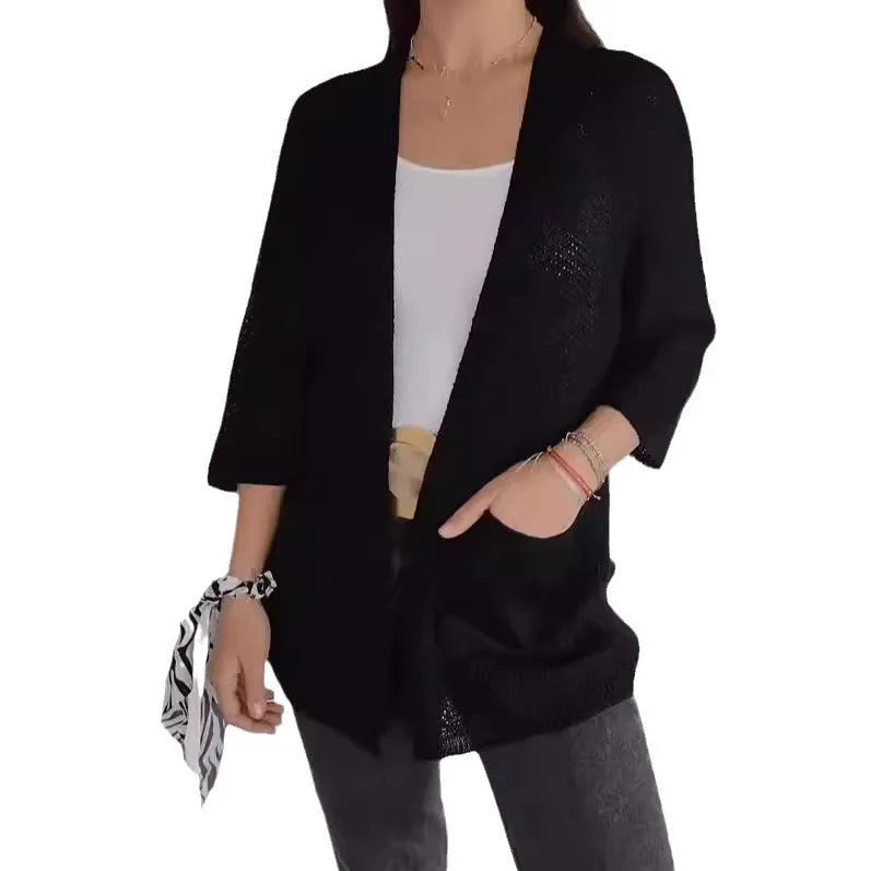 Women's waffle knit cardigan coat in army green with nine-quarter sleeves and front pockets