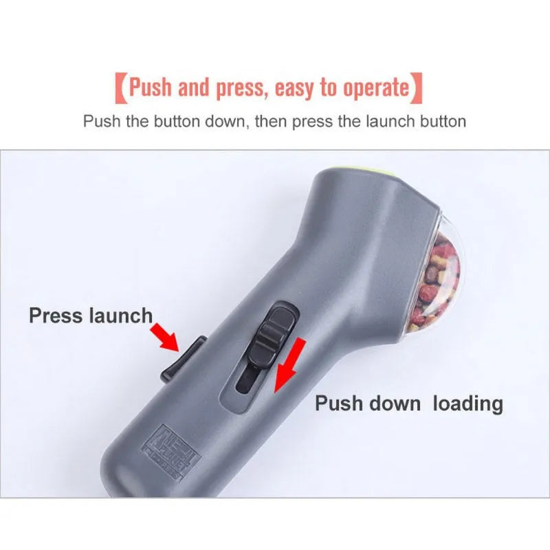 Grey pet snack catapult launcher with spring trigger for dogs and cats