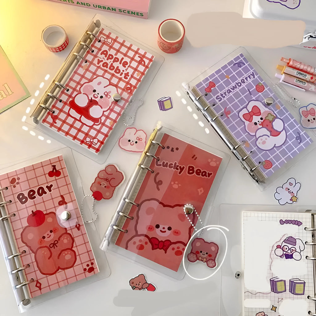 A6 loose leaf notebook with girl heart designs including bears and rabbits, 80 sheets, 6-hole compatible