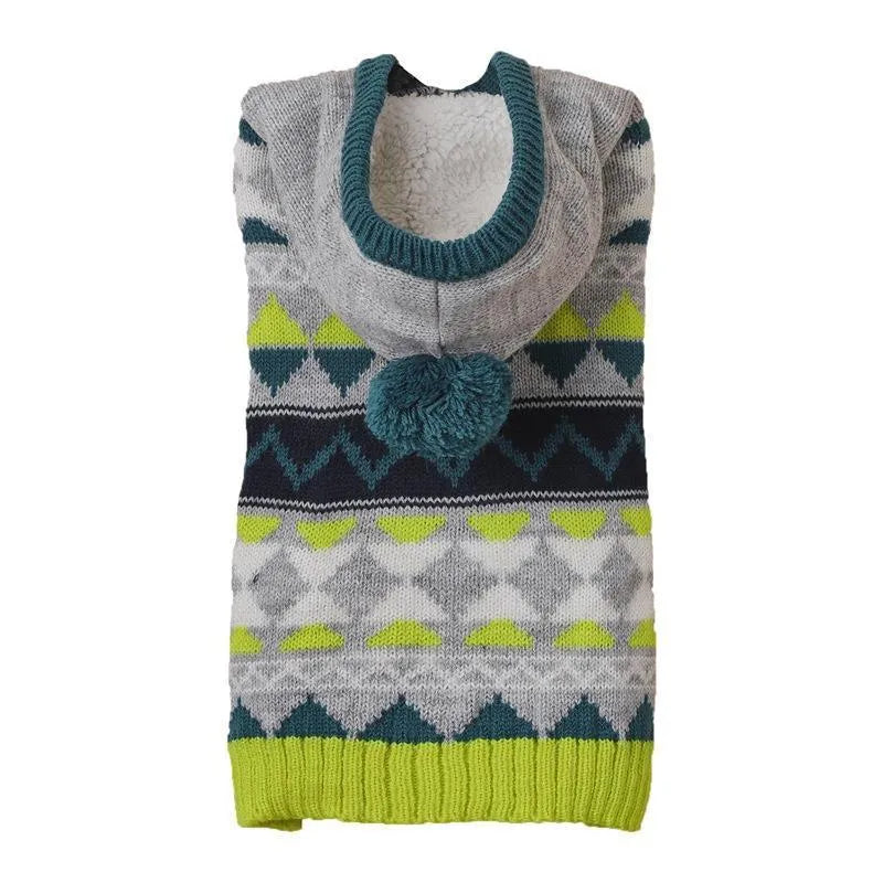 Green diamond pattern pet sweater on dog showing ribbed knitting and classic design