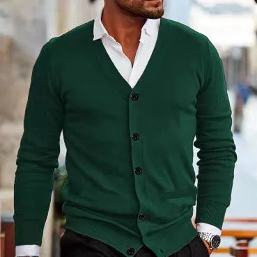 Men's slim fit acrylic cardigan in wine red colour showing front button detailing and long sleeves