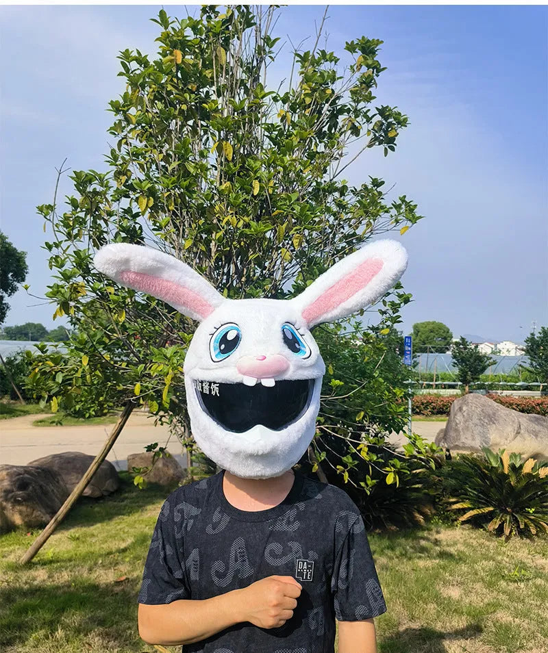 White rabbit head helmet cover with long ears made from plush PP cotton material