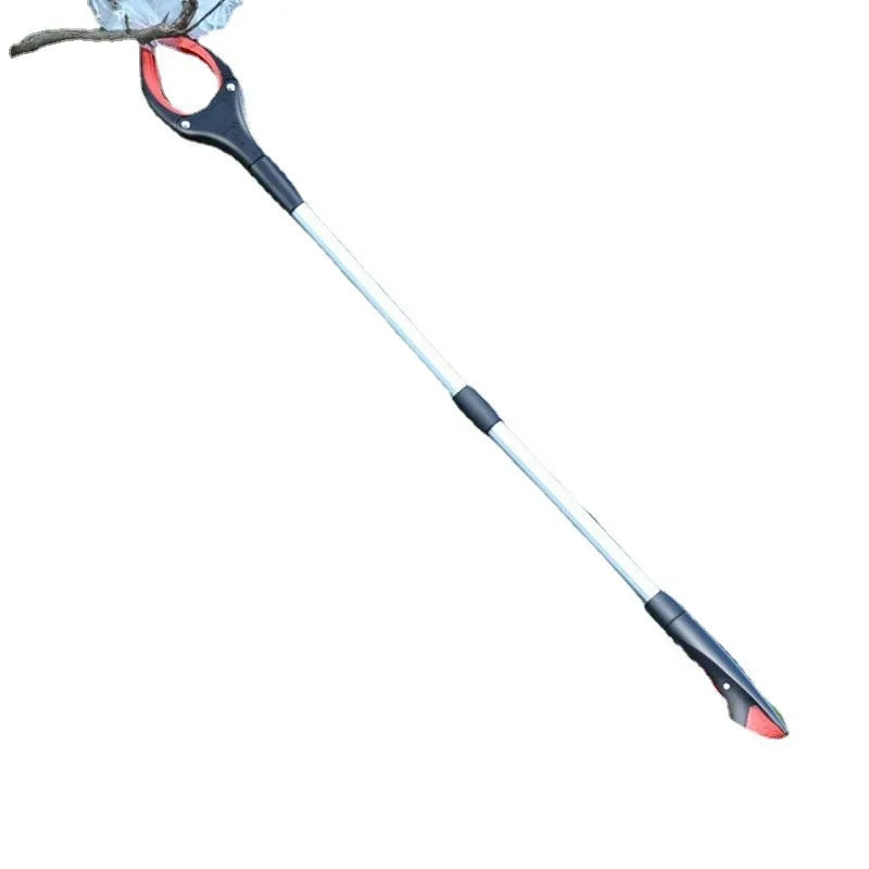 Blue sewer pliers with a plastic trash clip attached, on a workshop bench.