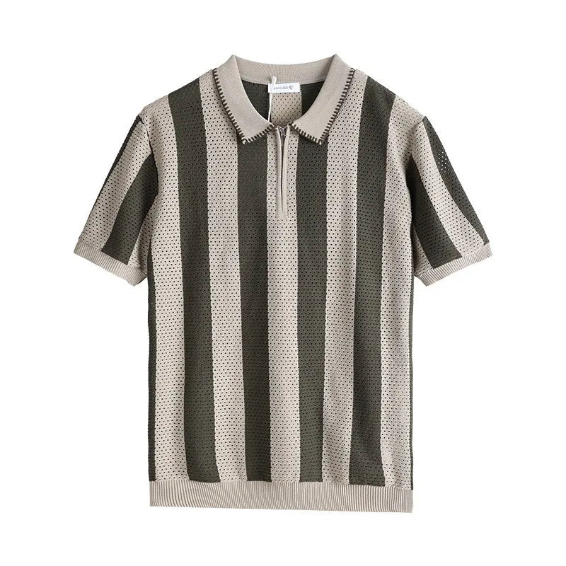 Men's striped ice silk summer sweater with zip detail in five colour options
