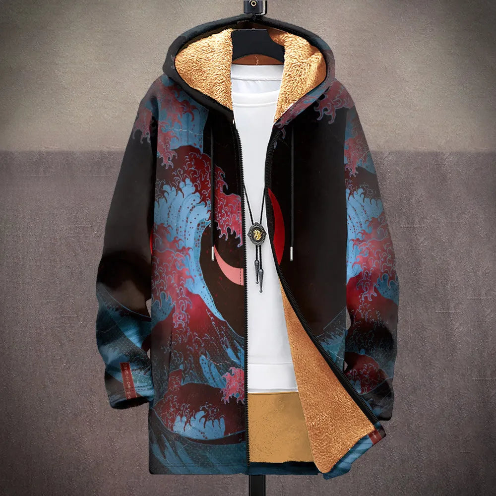 Man wearing a multicolour patterned zip-up hooded cardigan in a loose fit style.