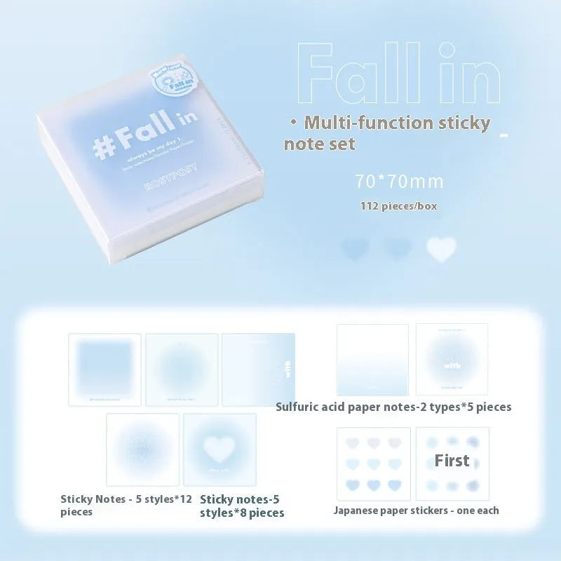70mm square gradient parchment inner multifunctional notepad in blush, green, purple, or blue with sticky notes, notepaper, and stickers