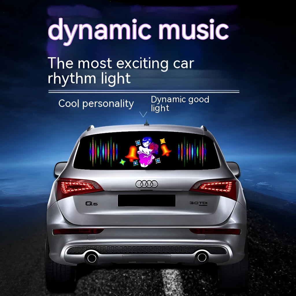 Voice-controlled car rhythm lamp with a long electroluminescent panel displaying colourful light patterns.