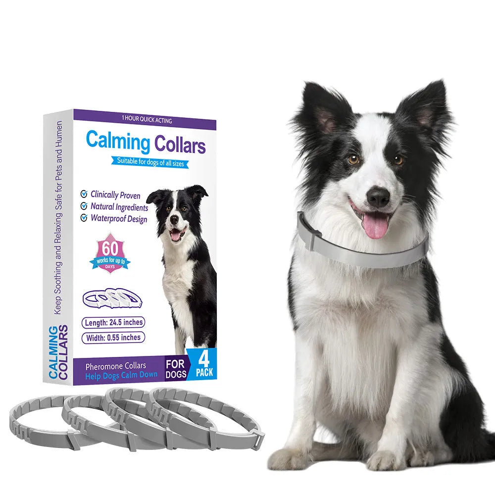 Four dog anxiety collars in different colours with Chinese style monochrome pattern