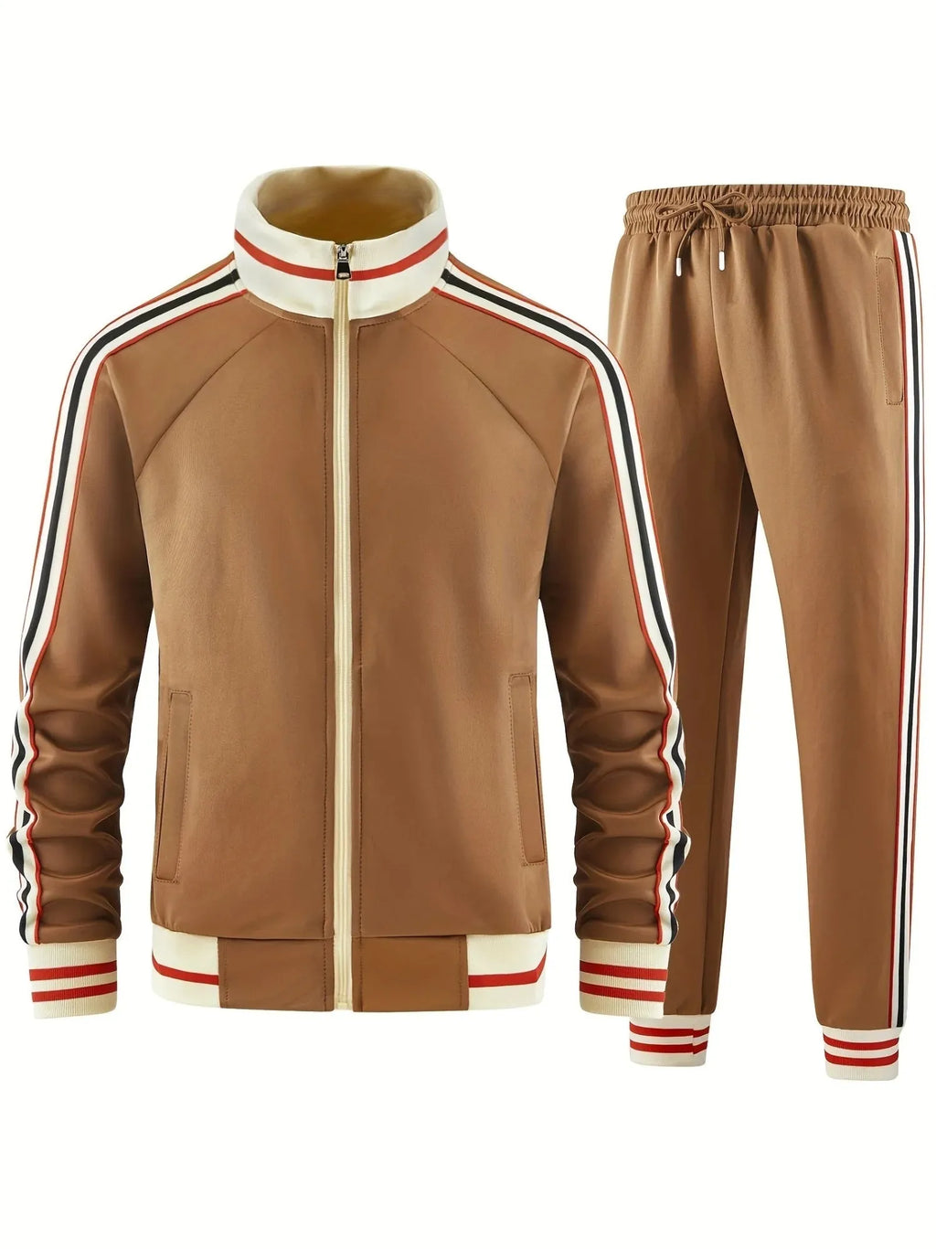 Khaki coloured polyester turtleneck zip cardigan and matching trousers laid flat as a two-piece suit set.