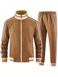 Khaki coloured polyester turtleneck zip cardigan and matching trousers laid flat as a two-piece suit set.