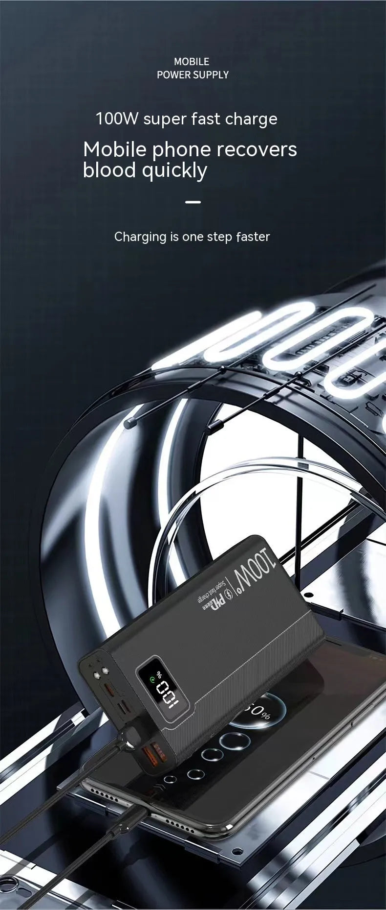 Black or white large capacity portable power bank showing front view with USB ports