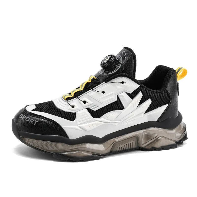 Men's black casual sneakers with rotating button closure and mesh upper on platform sole