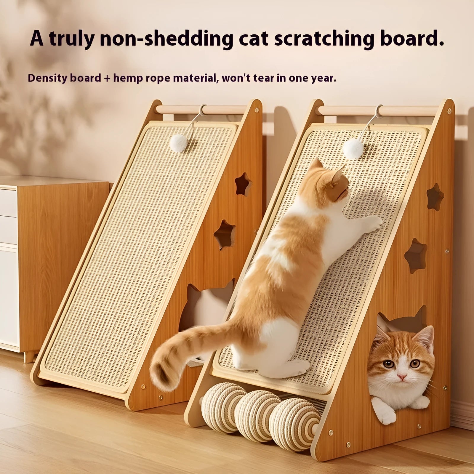 Vertical cat scratch board with sisal surface and wall-mounted design including cat teasing ball