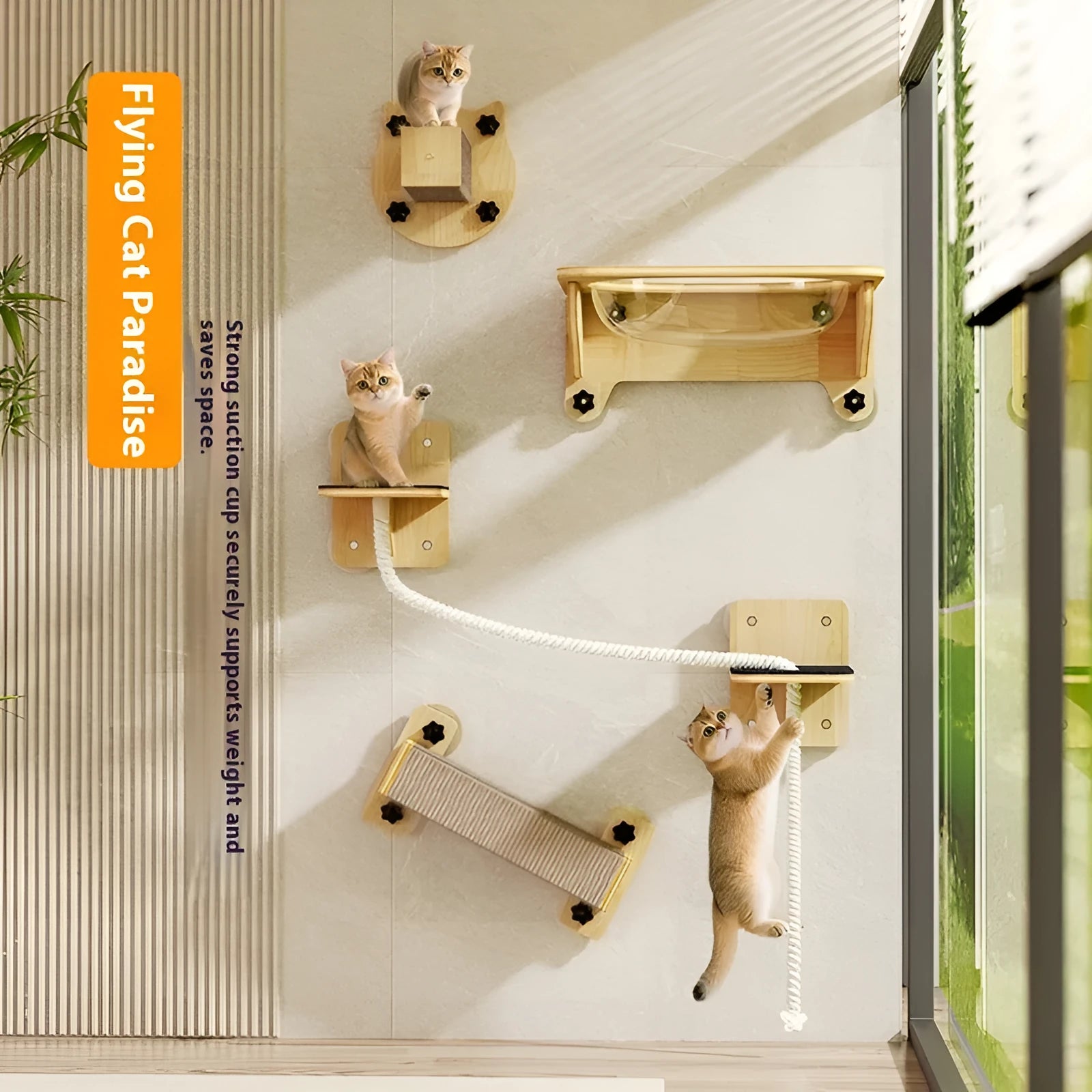 Wall-mounted space capsule design cat scratching post with sisal surface and suction cup lanyard.