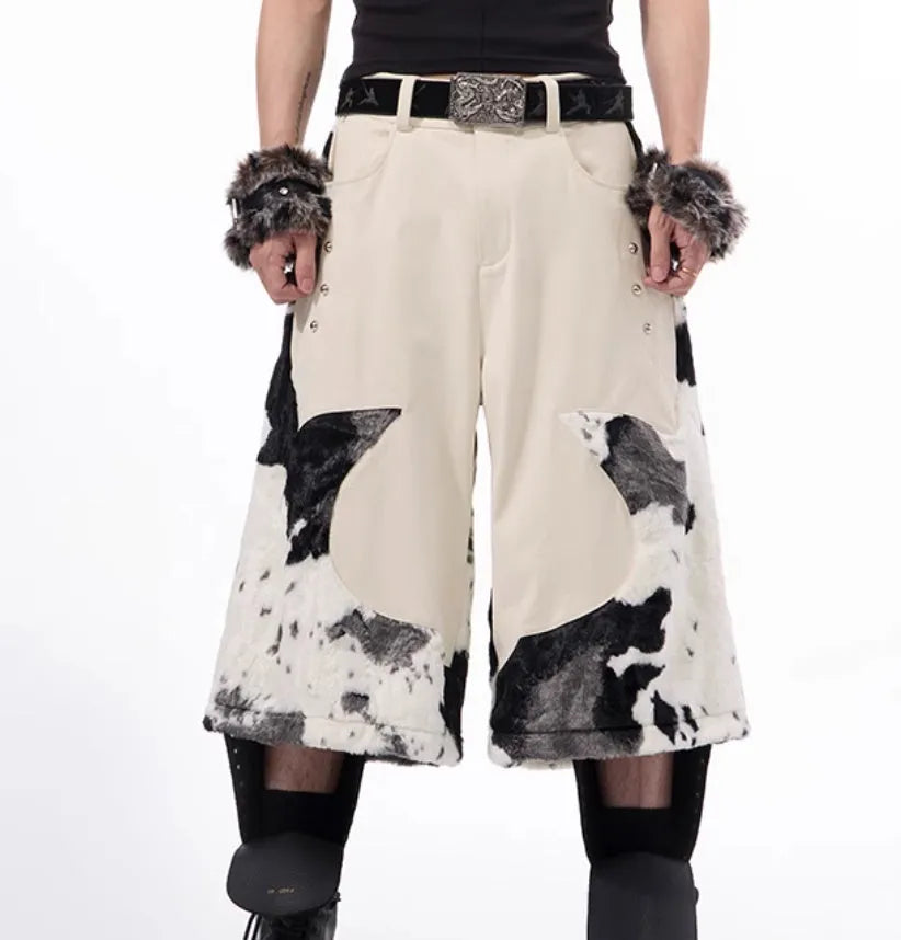 Stitching milk fibre fur cropped pants with personalised checkered, striped, printed or embroidered patterns