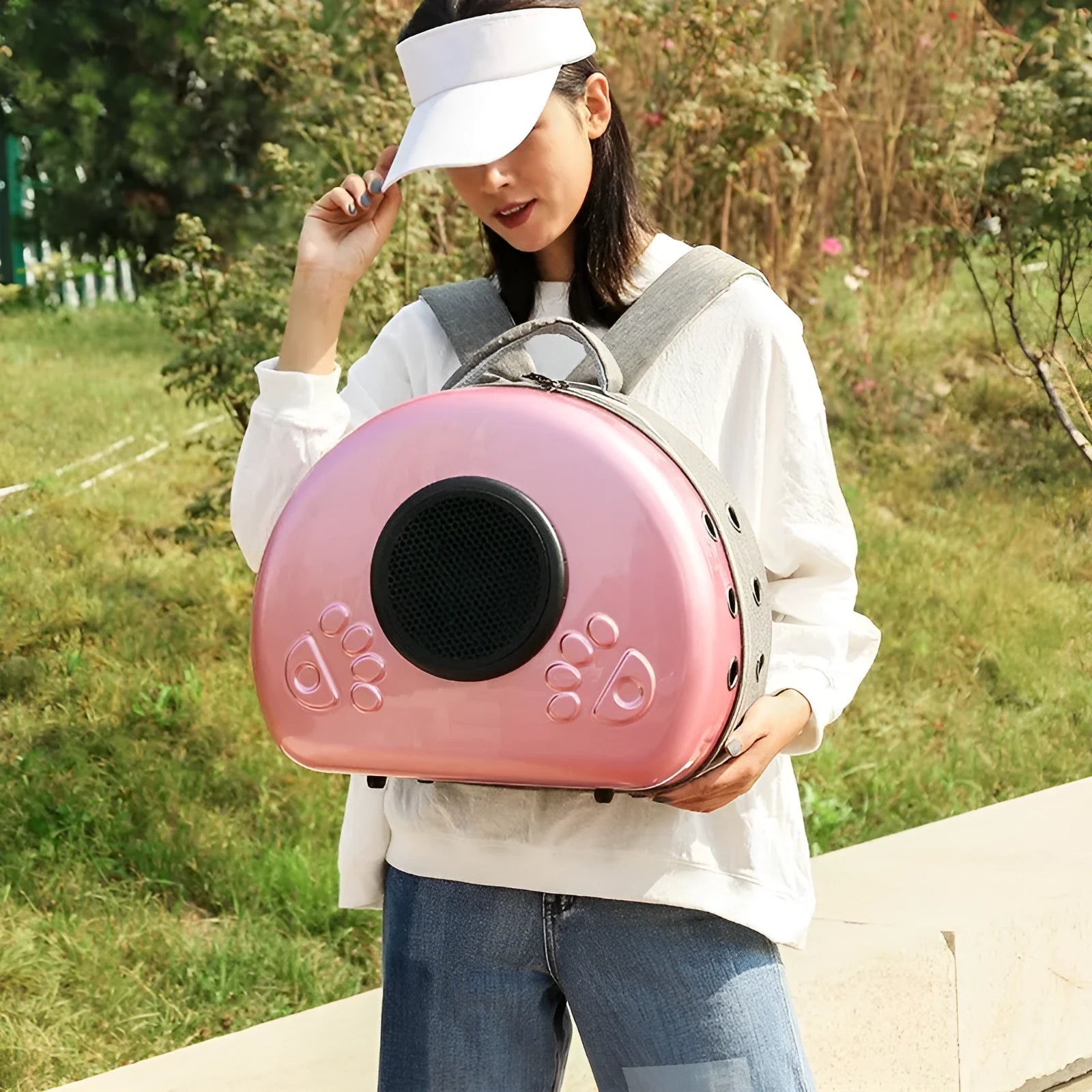 Transparent space capsule cat carrier bag in PC canvas with metallic colour options