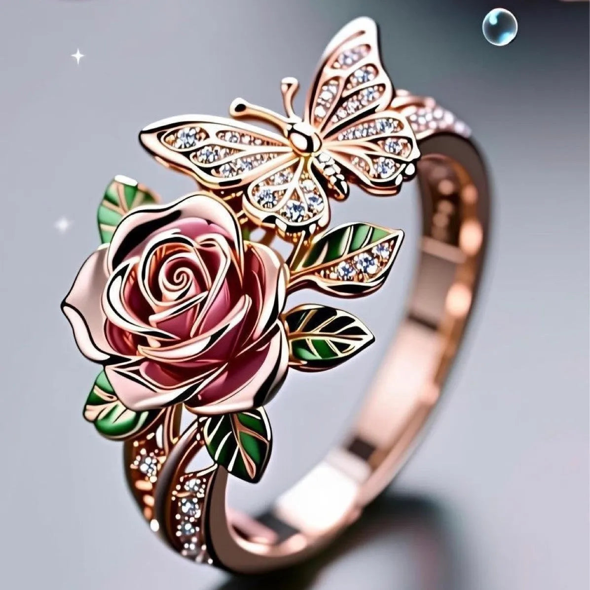 Adjustable fairy style butterfly alloy ring with colourful oil drip finish and floral insect leaf design.