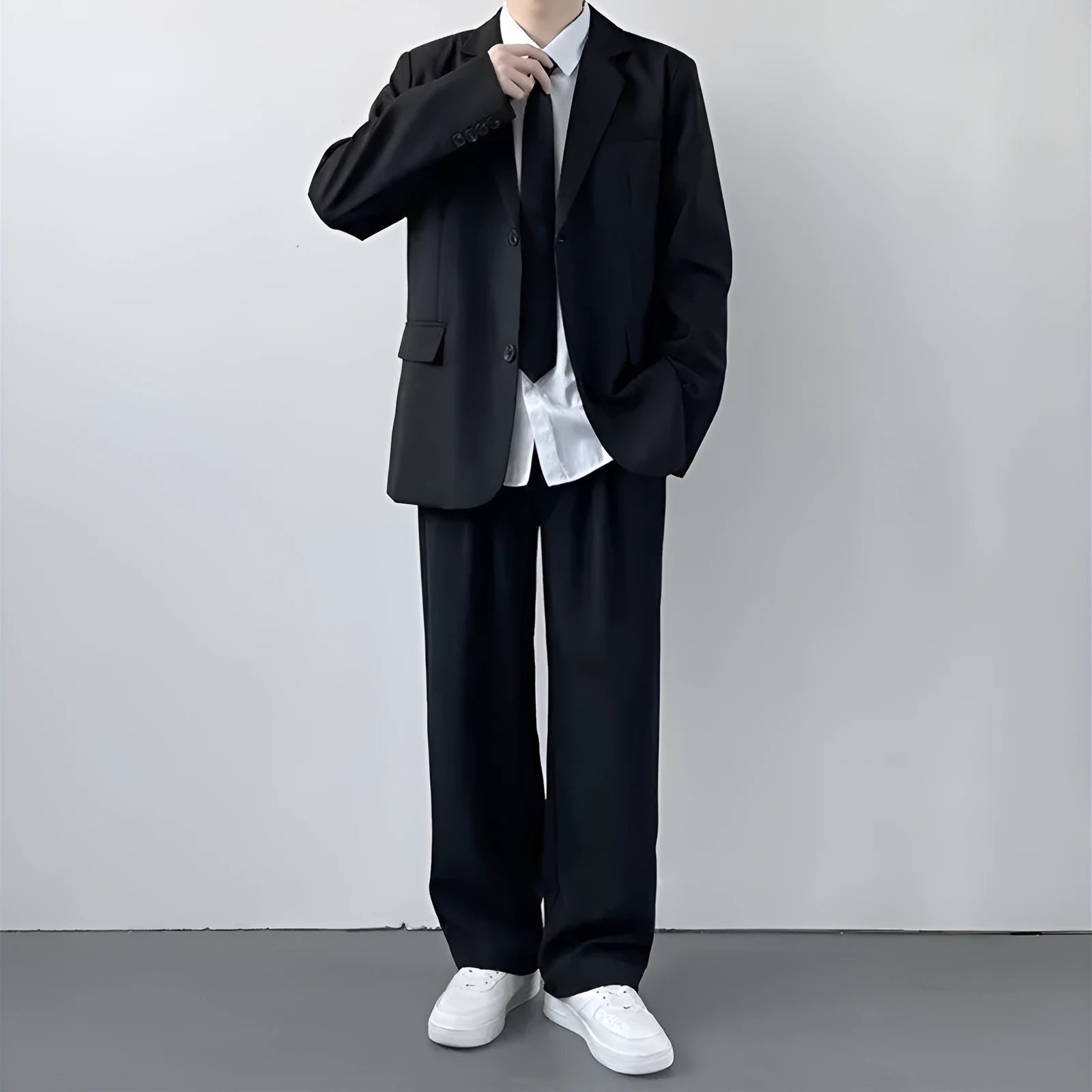 Men's plus size college style suit set including jacket, trousers, white shirt and tie in loose fit design