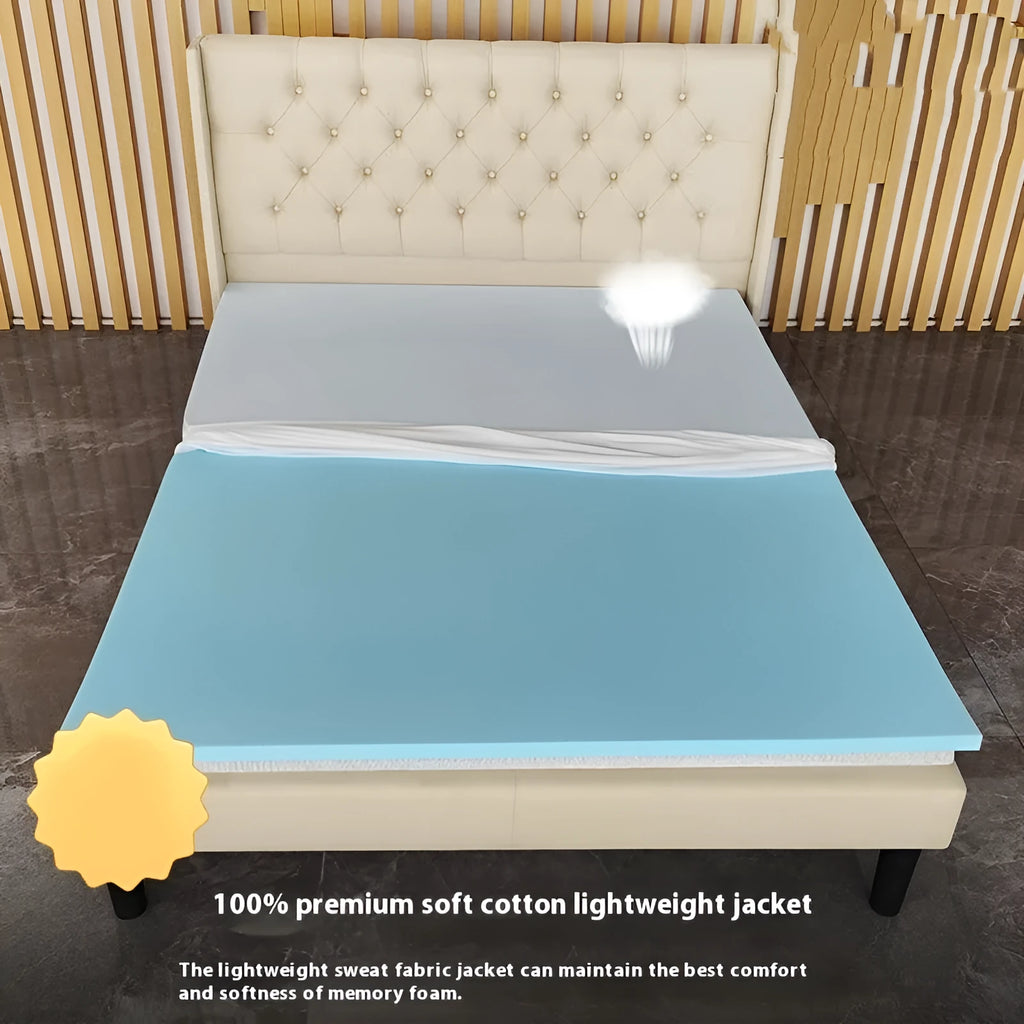 Thin gel memory cotton tatami mattress showing side profile with 2cm, 3cm, and 5cm thickness options on a bed frame.
