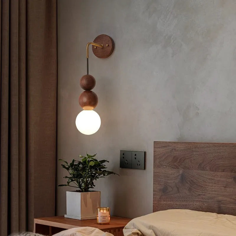 Walnut wood and copper wall lamp with suspension wire and tricolour lighting