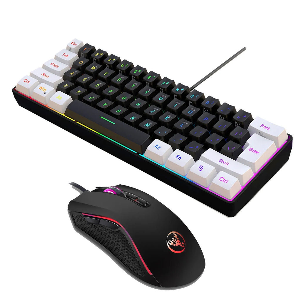 White and black gaming keyboard and mouse combo with colour backlight illumination visible on keys