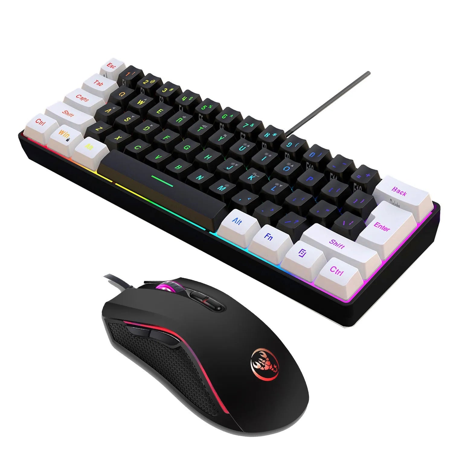 White and black gaming keyboard and mouse combo with colour backlight illumination visible on keys