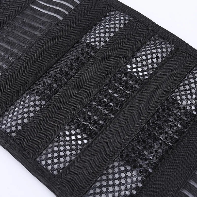 Black breathable sports waist support with steel plate backing for lumbar protection during fitness activities